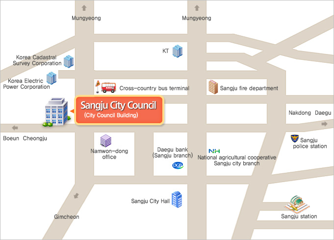 Sangju Council, Sangju station, about 7 minutes by car from the direction of Boeun, Cheongju City Council Building 2nd Floor, located on the 3rd floor. Tel. 054-535-1600